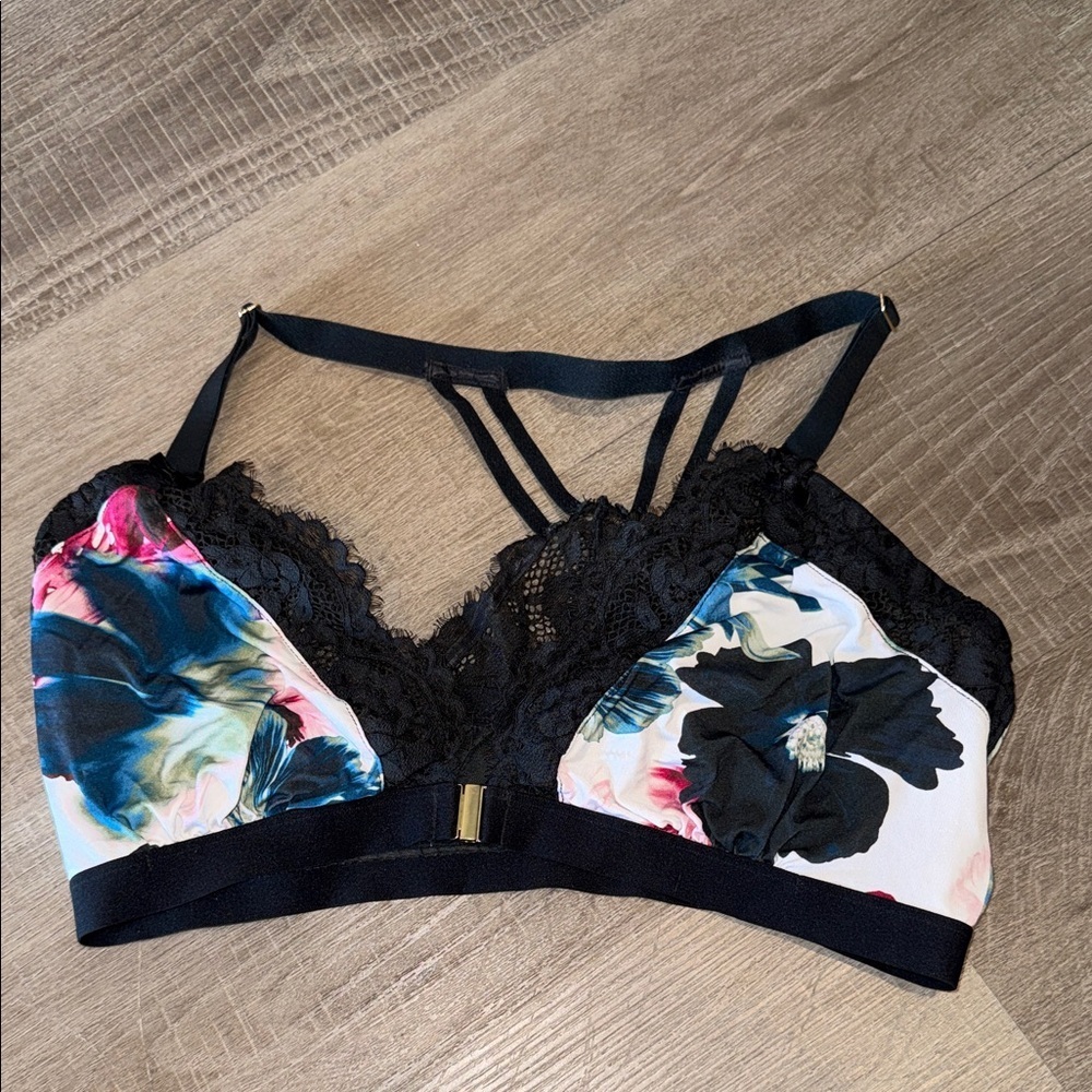 Cacique Black Lace Bralette with Floral Print Panels Strappy Back.